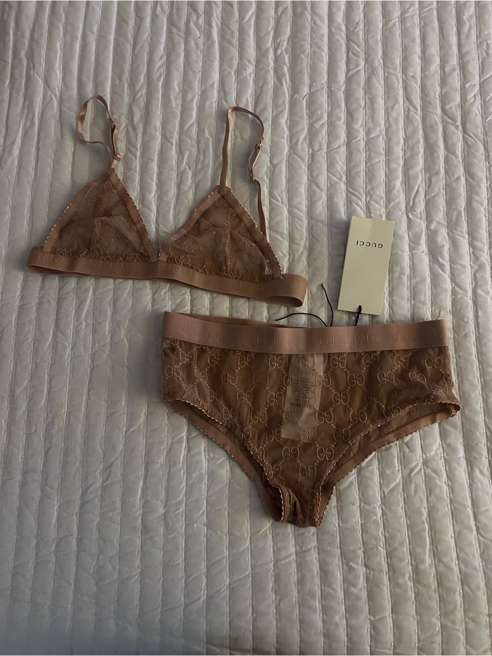 Sheer Lace Logo Bralette & High-Rise Brief Set in Nude